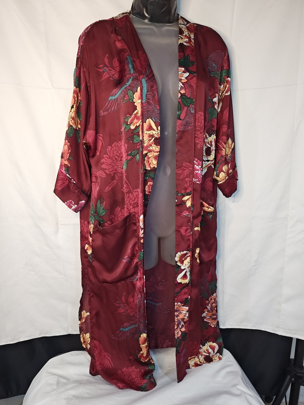 Polly & Esther Burgundy Floral Satin Kimono Robe